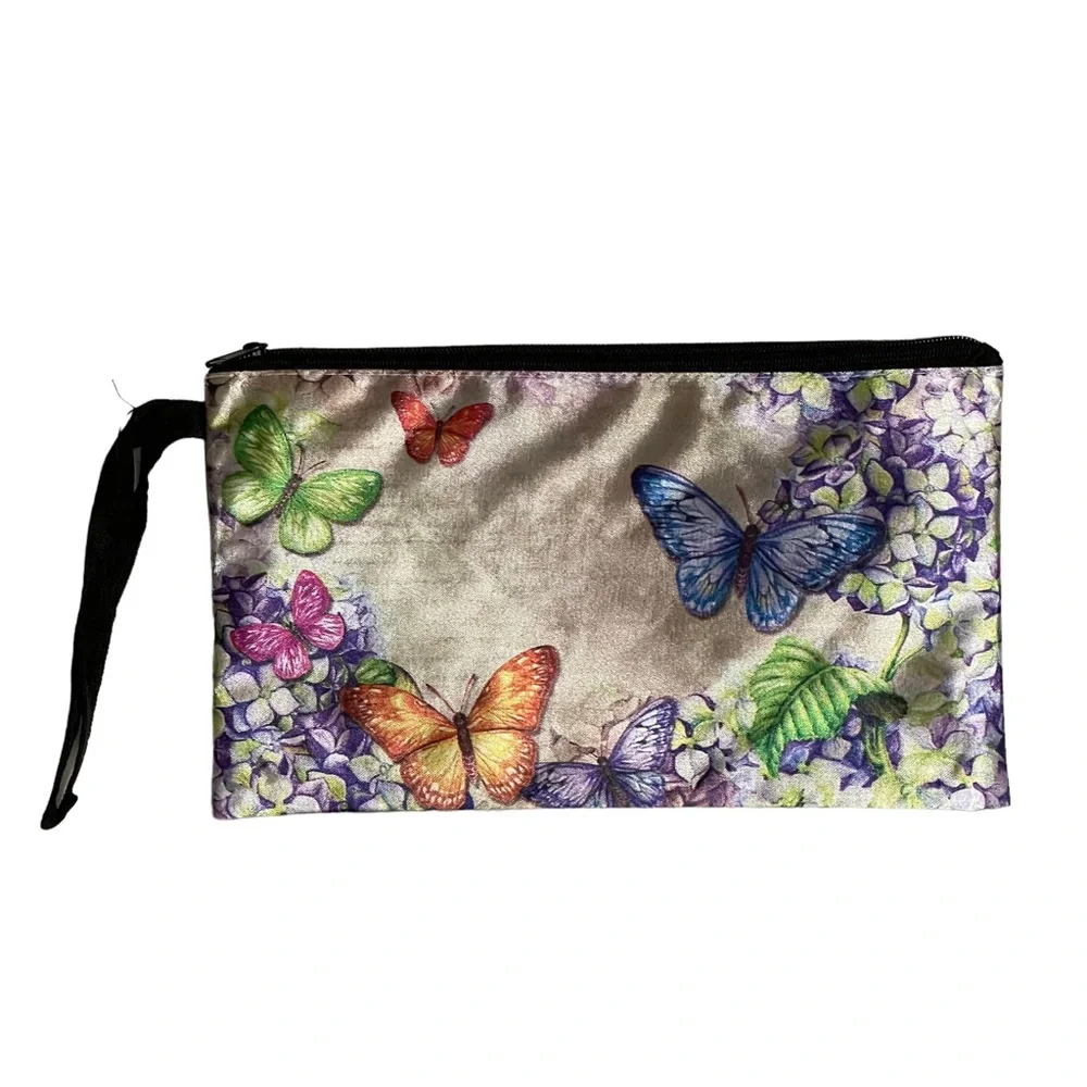 Makeup Cosmetics Bag Pouch Wristlet Butterflies and Hydrangeas Print 8.75